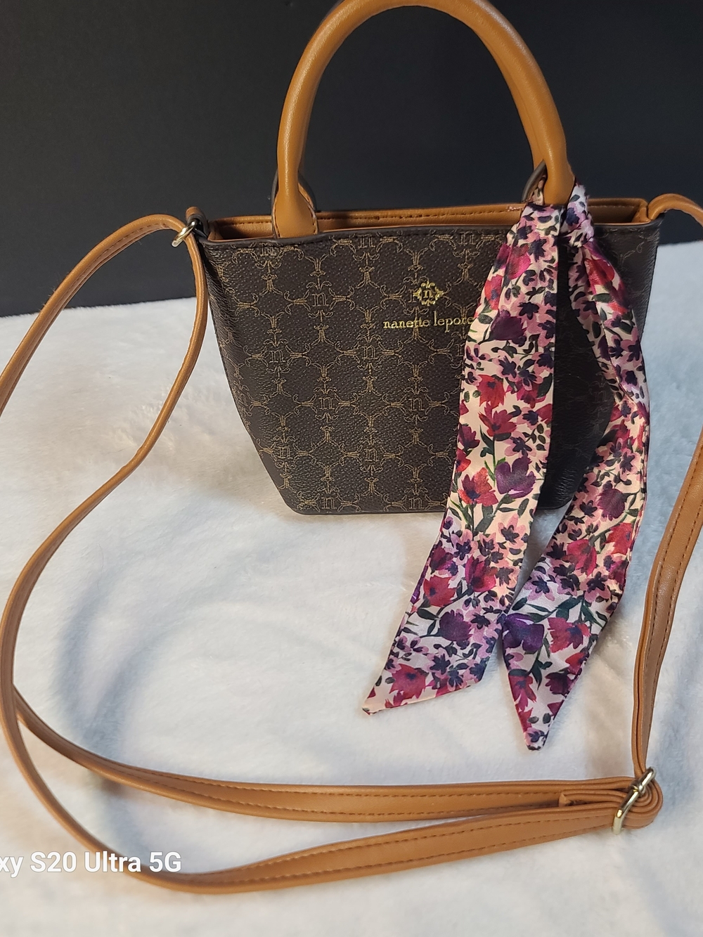Nanette Lepore Brown Monogram Satchel with Floral Scarf
